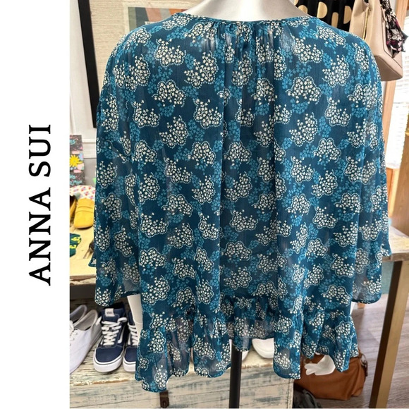 Anna Sui Sheer Flowy  Bohemian Boho Blouse Gatherer Hem Oversize Small - Picture 5 of 7